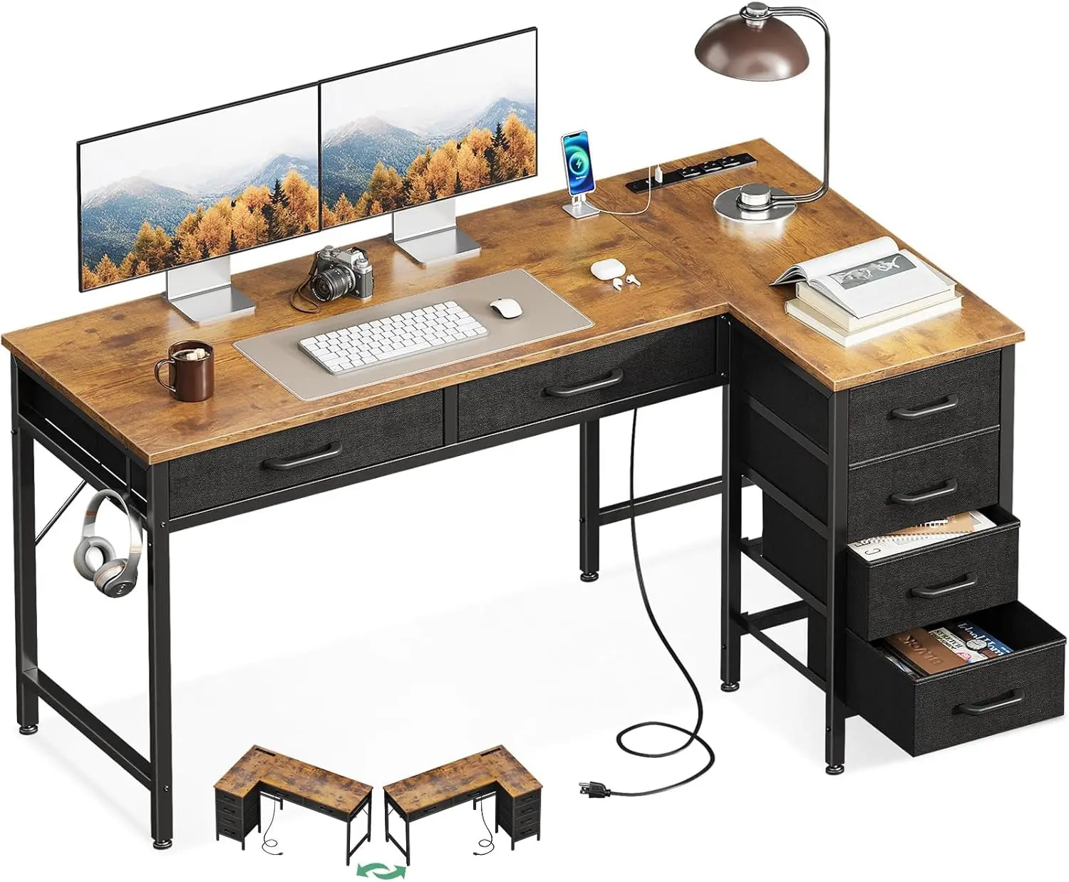Kids Study Desk: 50 Inch L-Shaped Home Office Desk with 6 Drawers and Power Outlets - Brown 1 / United States
