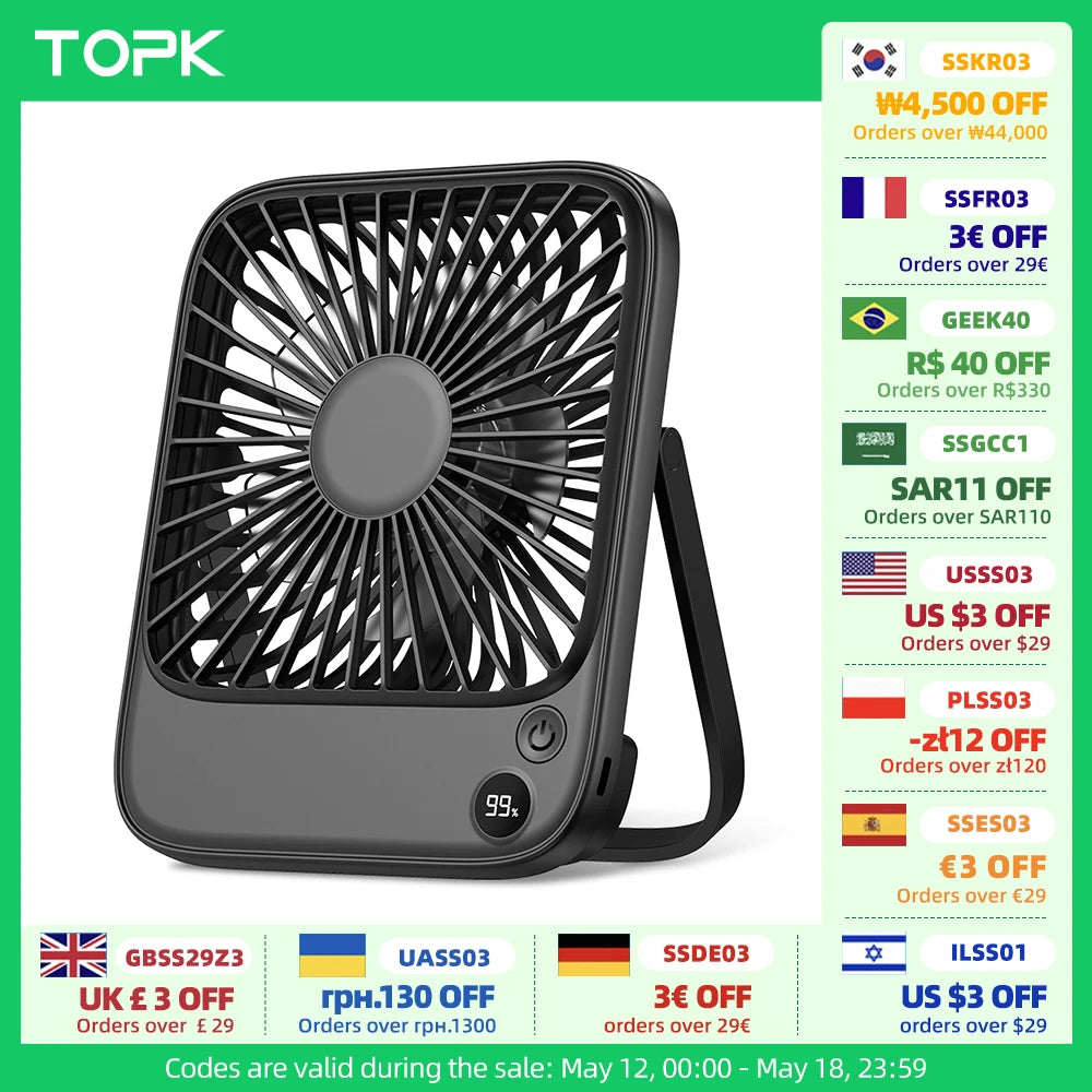 TOPK Rechargeable Portable Fan Electric Mini fan for Camping,2000mah Battery USB Desk Fan Small Silent Table Fans