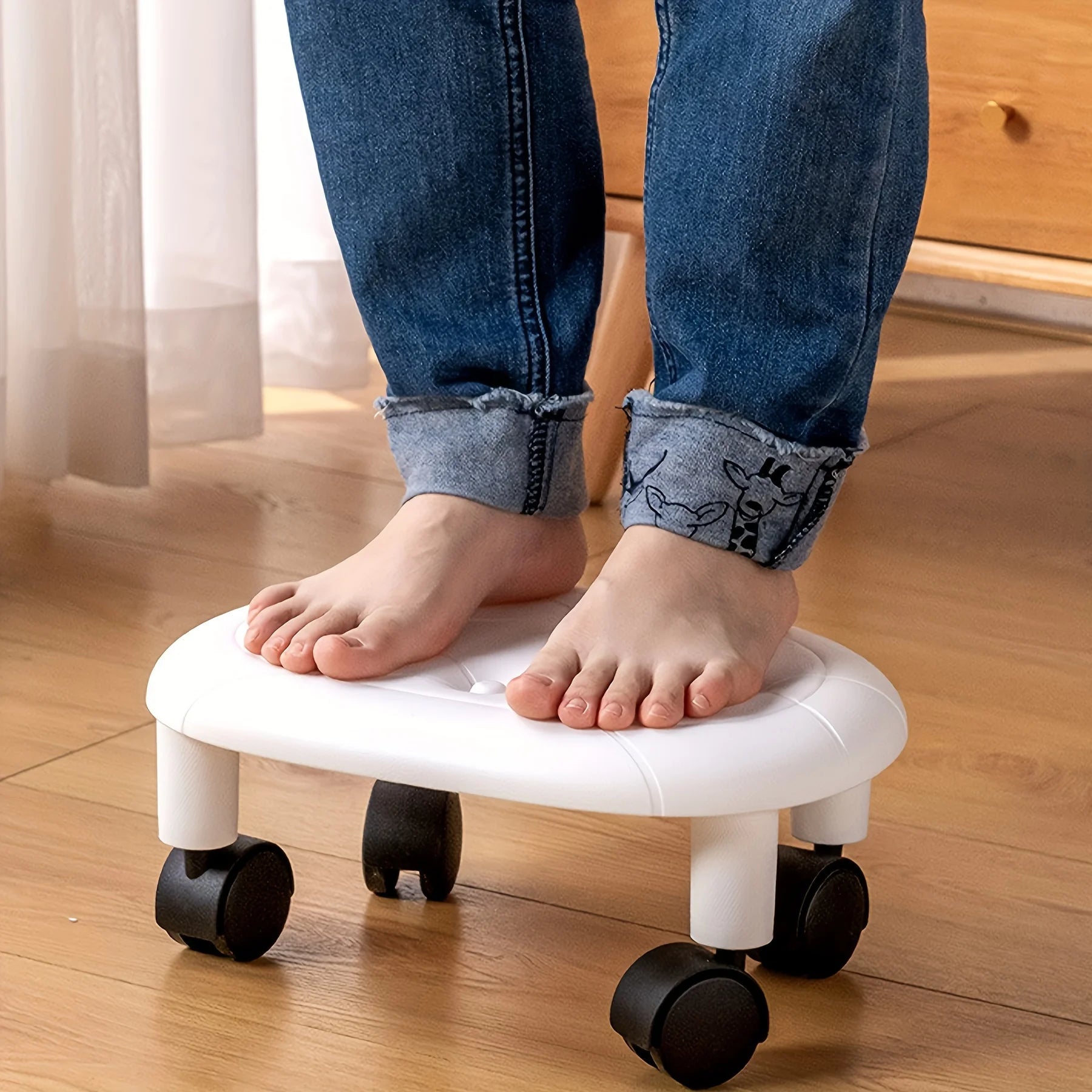 Rolling Low Stool with Wheels - Durable Plastic Oval Footstool 360° Casters - Perfect for Entryway Shoe Changing