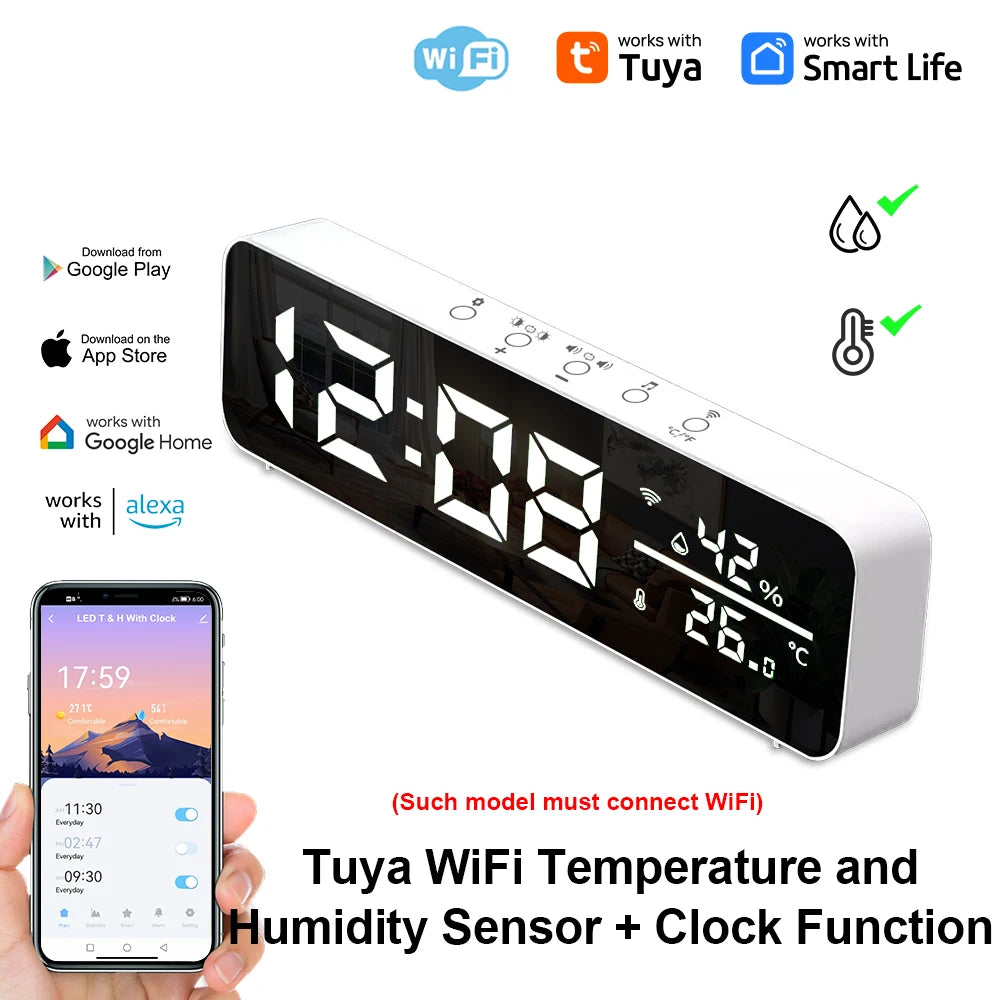 Tuya WiFi LED Alarm Clock Support Temperature Humidity Sensor Time Display USB Desktop Mirror Clocks for Living Room