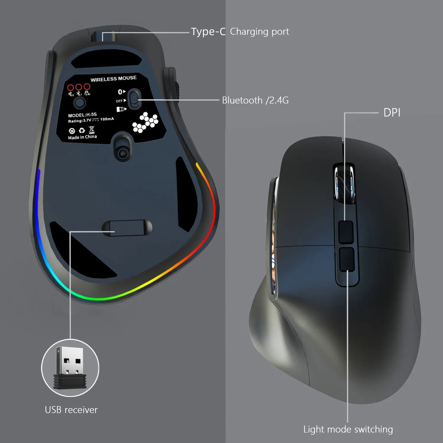 Ergonomic Dual Mode Gaming Mouse Type-C Charging Computer Accessory (For PC Mobile Phone) - black / United States