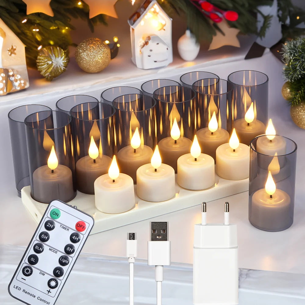 6/12Pcs LED Candle Light Timer Rechargeable Flashing Flameless Candle Lamp Tea Lights With Black Cups For Home