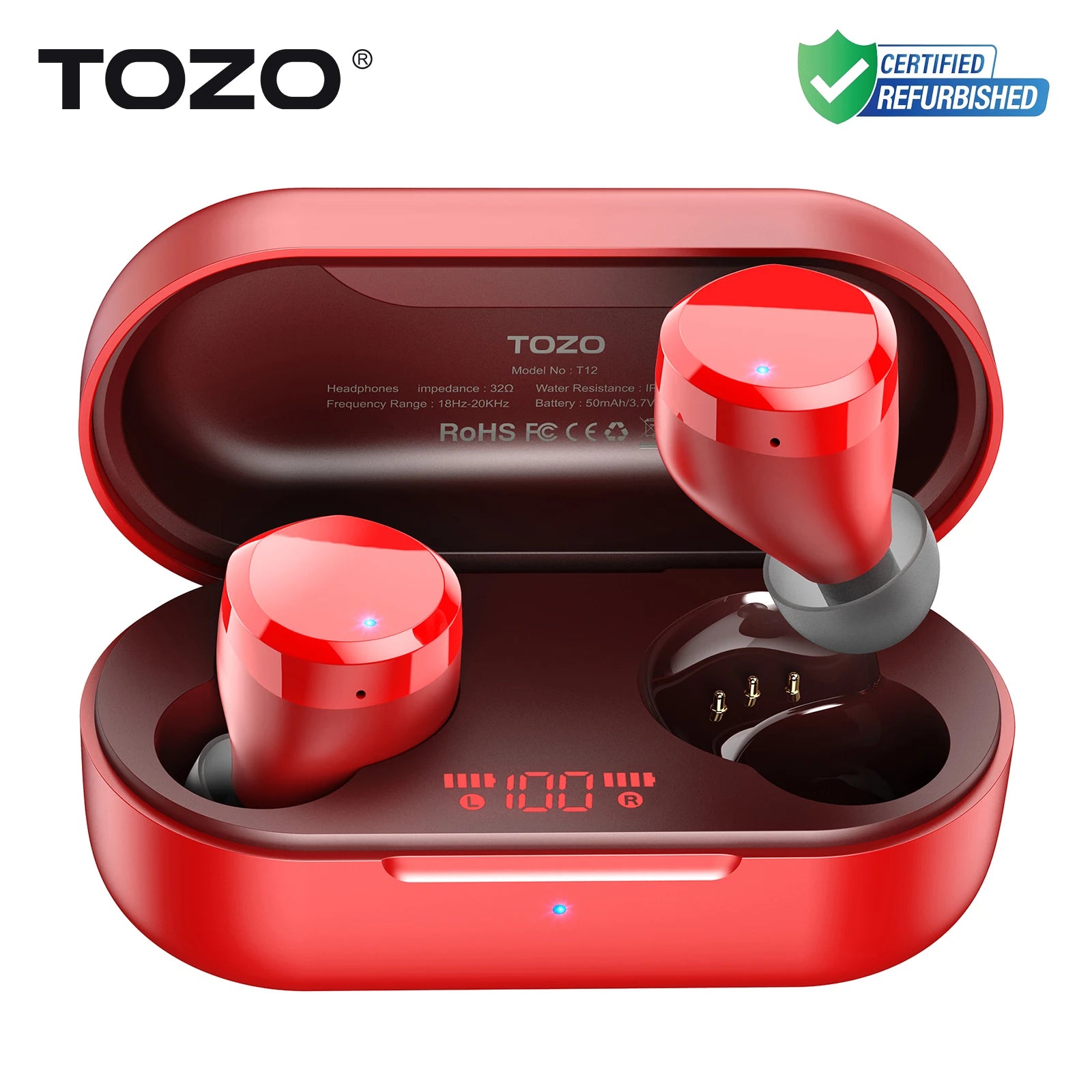 Refurbished TOZO T12 True Wireless Earbuds LED Display Bluetooth Headsets In Ear 10mm Driver Deep Bass HiFi Sound