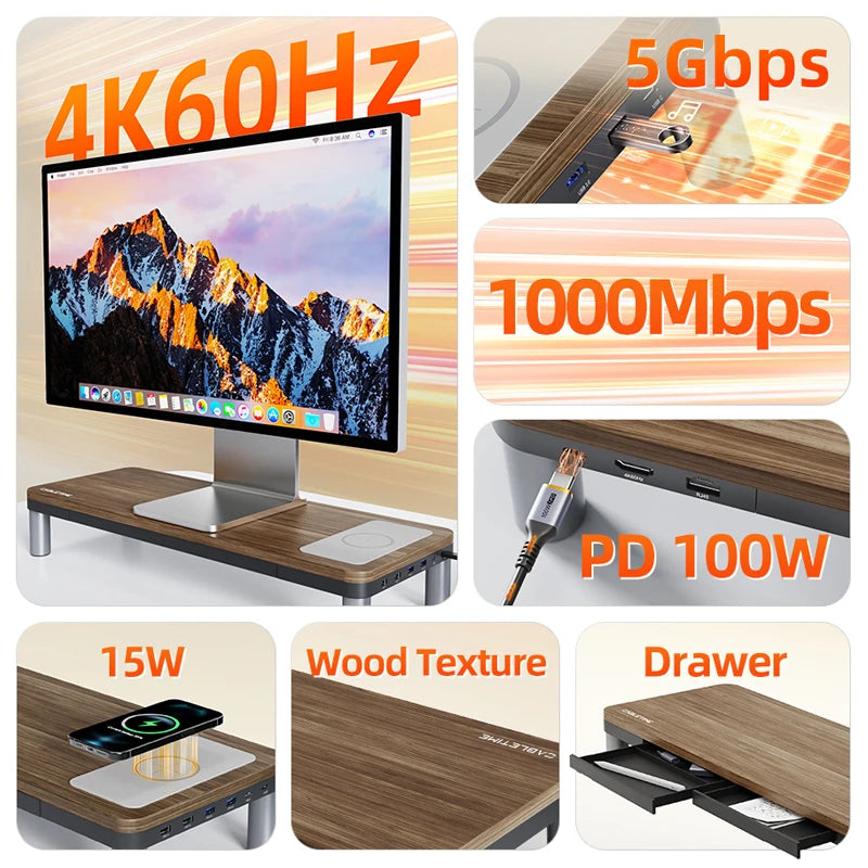 CABLETIME Monitor Stand with USB-C Hub 9 in 1 Dock HDMI 4K60Hz PD100W RJ45 Wireless Charging for Macbook PC Laptop Desk