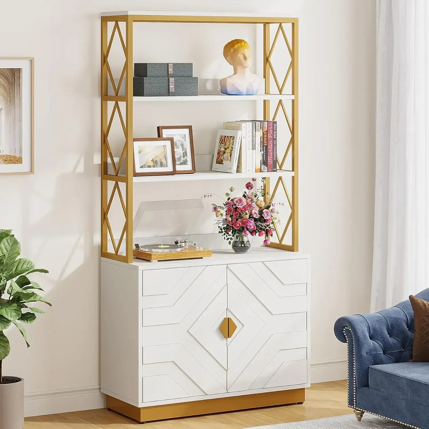 White and Gold Bookshelf with Doors: 70.9 Inches Tall Etagere Bookcase Set of 2 Modern Open Display Book Shelves
