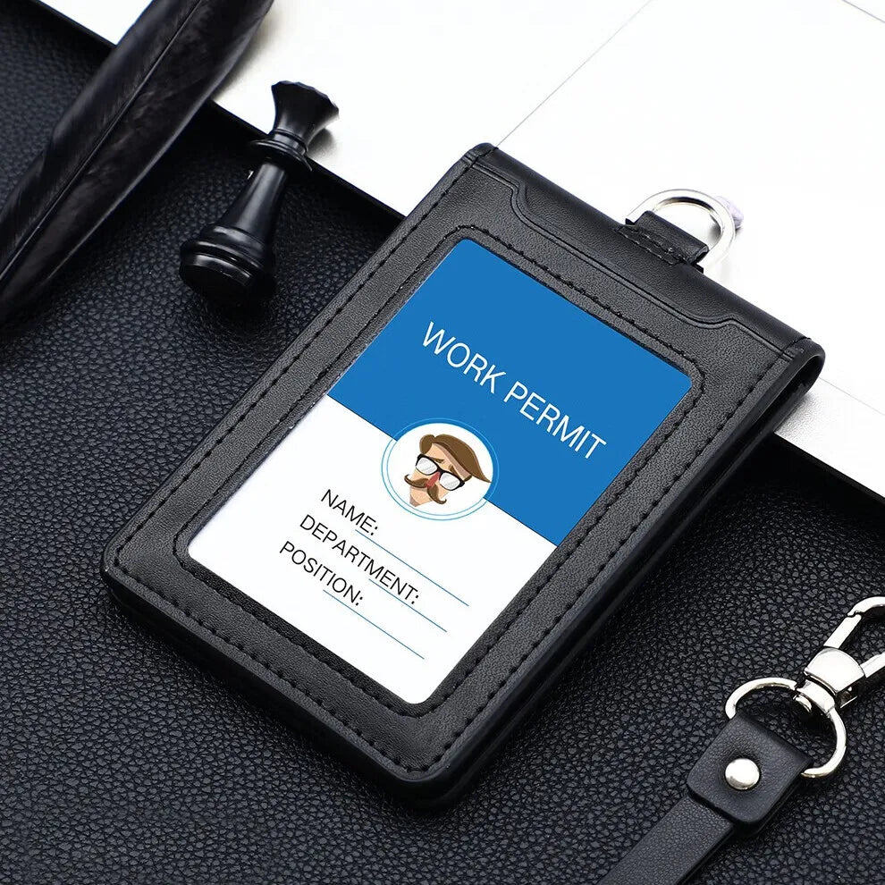 Professional Durable ID Card Holder Business Real Leather Office Staff Badge Cases with Lanyard Aviation Style - Black