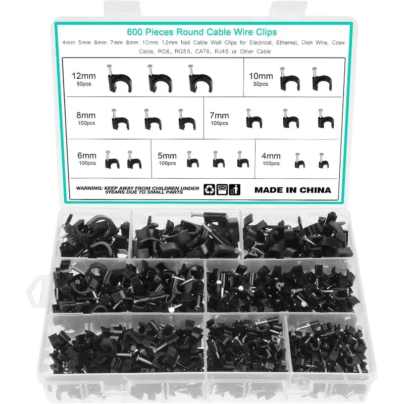 600PCS Black Cable Clips Set Steel Nail Cable Clips Tacks for Cable Fixing Organizer 4mm 5mm 6mm 7mm 8mm 10mm 12mm DIY