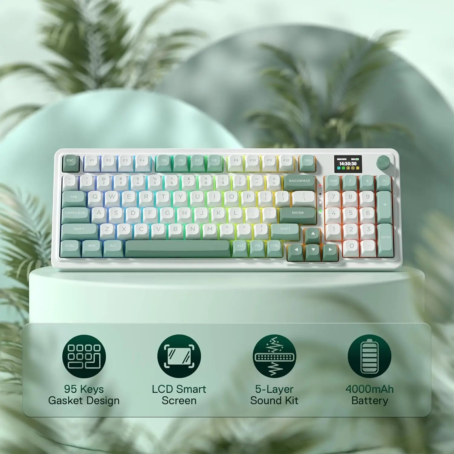 Redragon K719 Wireless Gasket Gaming 95 Keys Mechanical Keyboard,Easy-Control 1.14’’ TFT Info Display,Mint Mambo