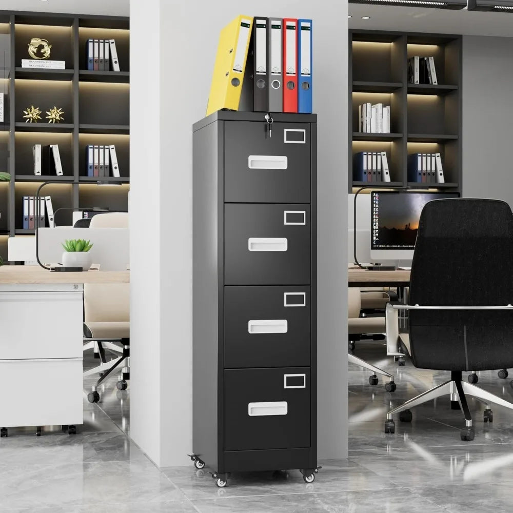 File Cabinet 4 Drawer with Wheels Lockable Office Metal Filing Cabinet with Name Card Mobile Storage Cabinet w/Smooth