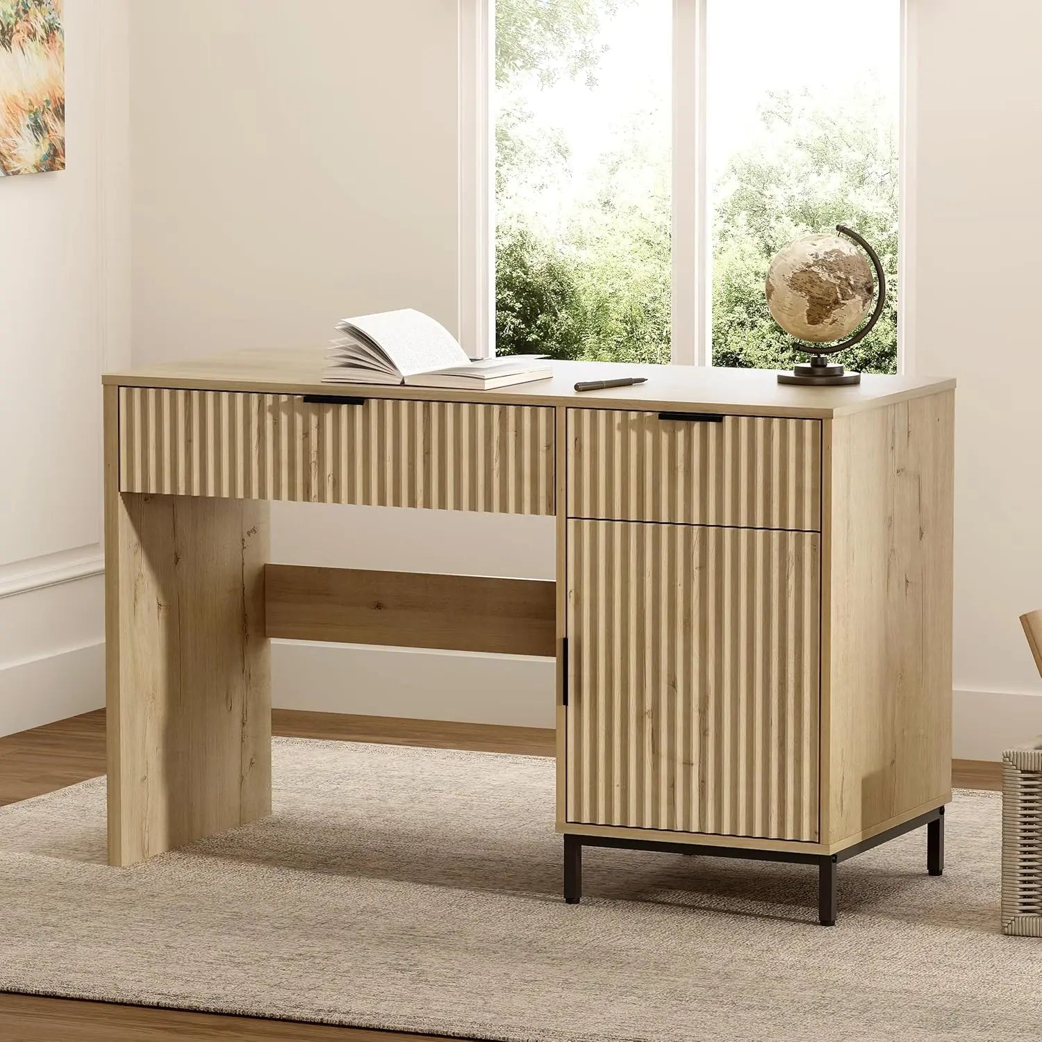 47’’ Fluted Executive Desk Modern Wood Home Office Desk with Charging Station Professional Workstation w/ USB Ports &