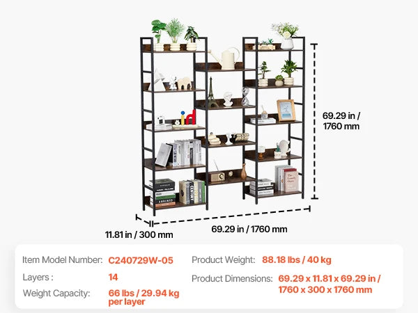 SucceBuy Metal Bookshelf 3-14-Tier Tall Industrial Bookshelf Vintage Display Storage Bookcase with Open Shelves