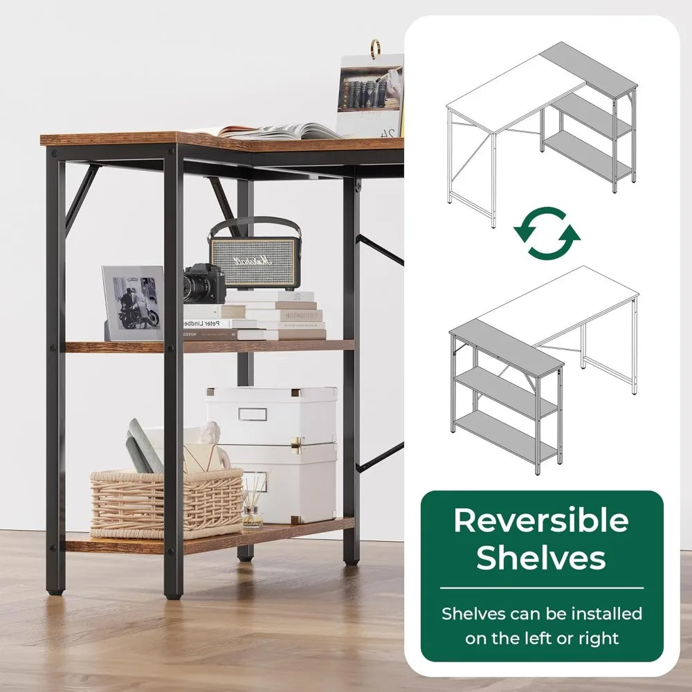 Large L-Shaped Desk 55-Inch Gaming and Home Office Desk with Reversible Shelves for Study and Writing - United States