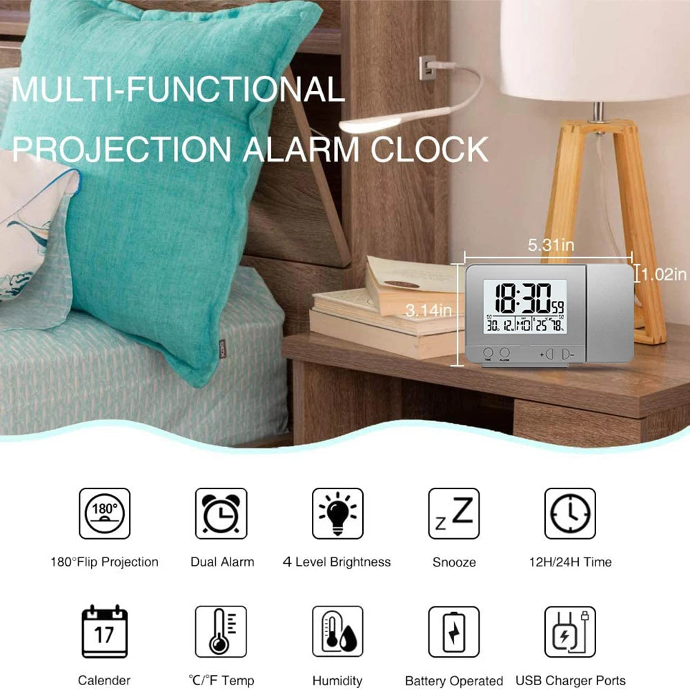 Projection Alarm Clock for Bedroom with Thermometer Hygrometer Digital Ceiling Clock Dimmable LED Display with USB