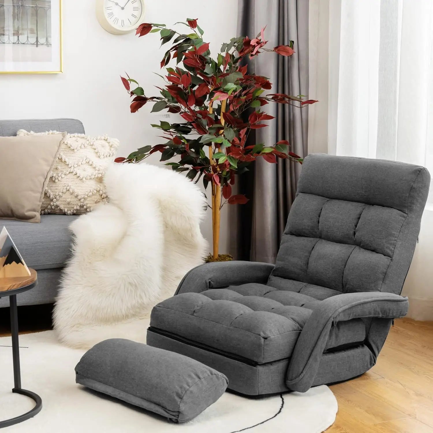 Folding Lazy Sofa Floor Chair Indoor Chaise Lounger Bed with 6 Adjustable Position Pillow Living Room Lounge Couch(Gray)