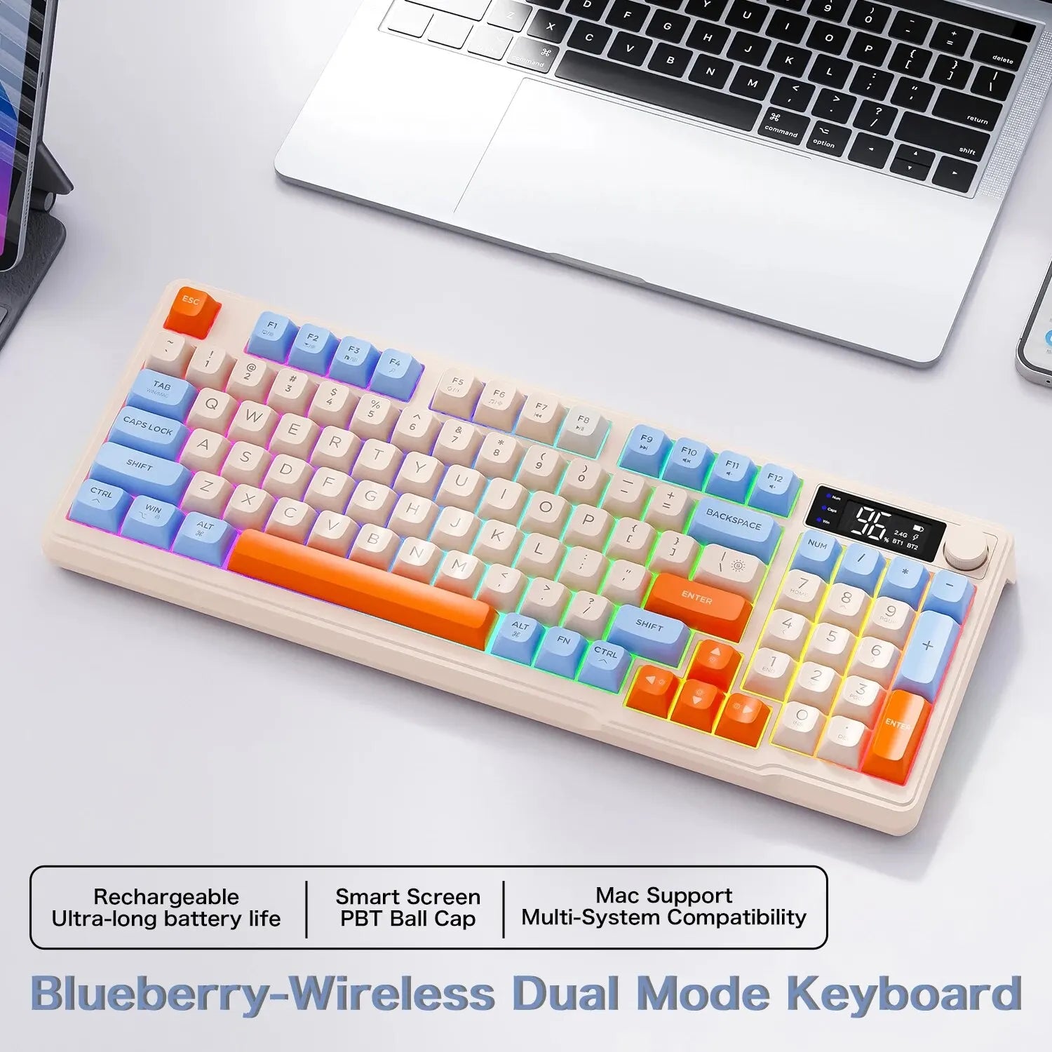 FreeWolf M96 Wireless Keyboard with Screen,Gaming Keyboard Bluetooth Dual-Mode Connection,Multi-Device