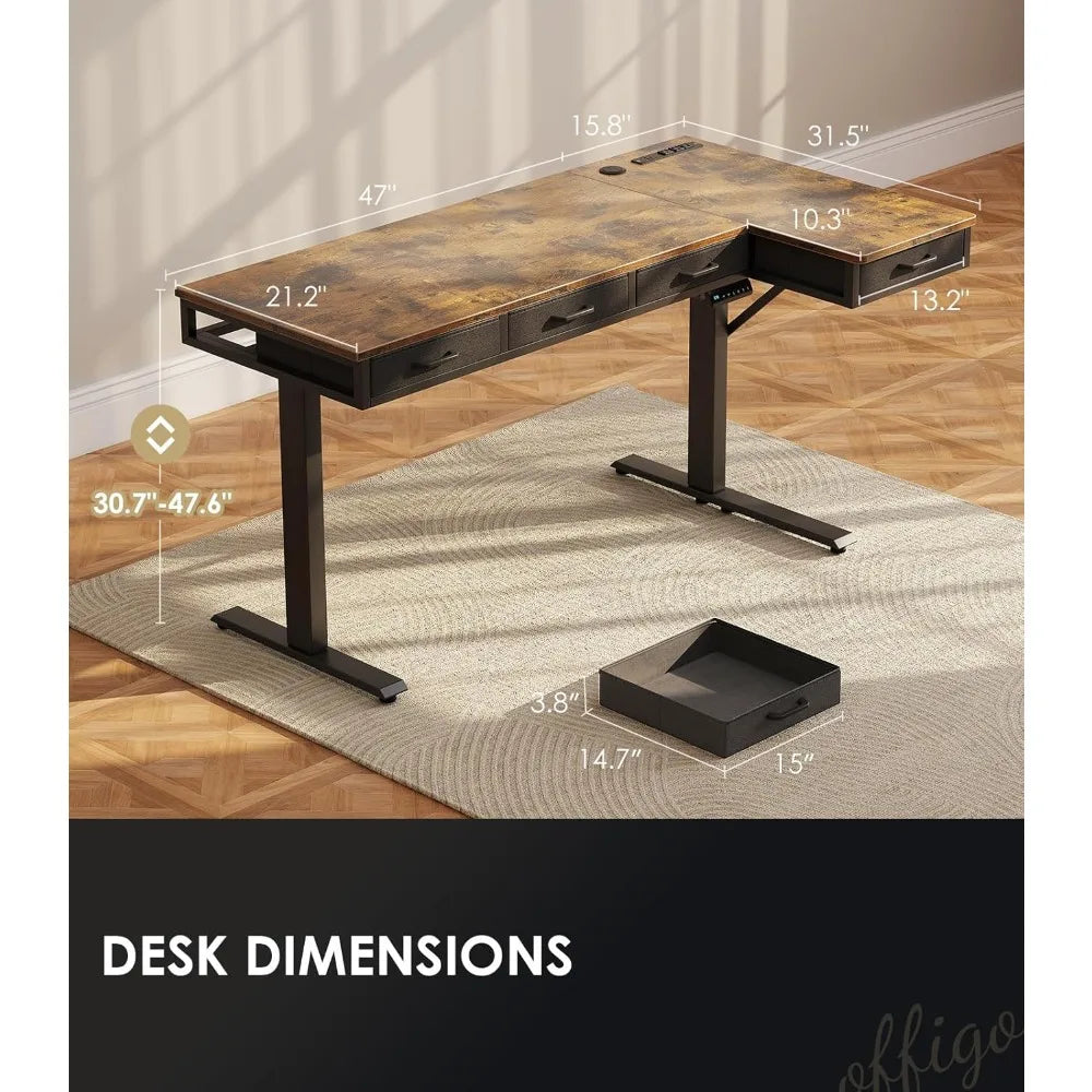L Shaped Electric Standing Desk with Drawers Height Adjustable Large Desk with Power Outlets Sit Stand Table,