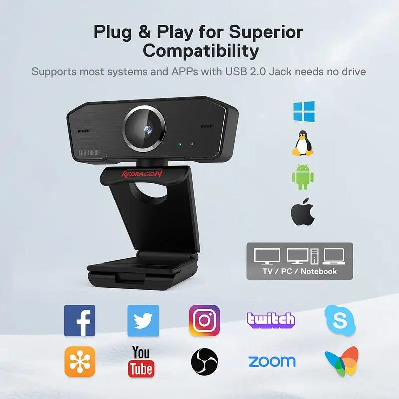 Redragon GW800 1080P PC Webcam with Built-in Dual Microphone 360° Rotation - 2.0 USB Computer Web Camera- 30 FPS