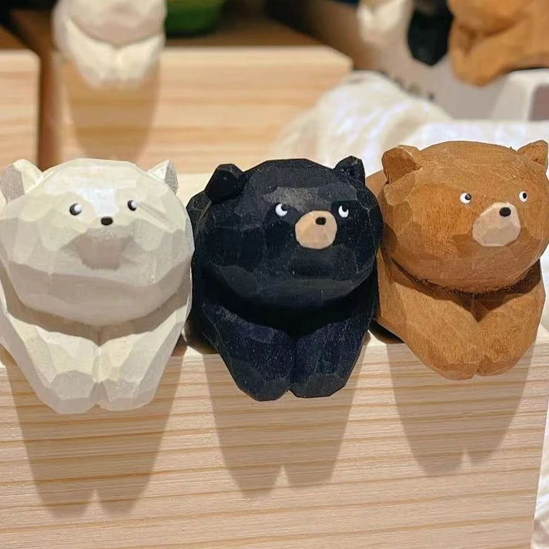 1pc Wooden Carving Figurine Cuddly Bear in a Lying Pose Adorable Desk Companion Office Bedroom Home Decor