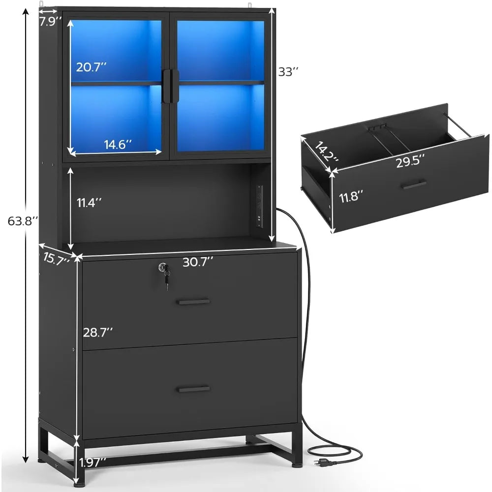 2 Drawer File Cabinet with Lock & Charging Station Filing Cabinet Fits Letter Legal A4 Size Multi-Functional Office