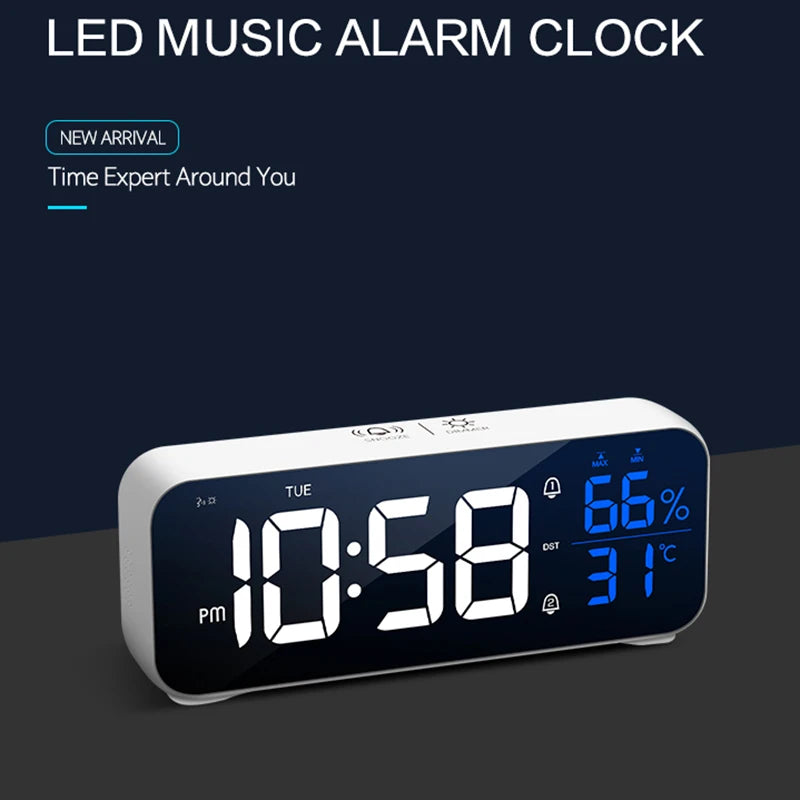 Digital Alarm Clock Table Electronic Clock with Temperature Humidity Weekday & Dual Alarms Ringtones Rechargeable