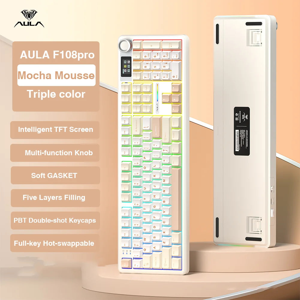 AULA F108 pro Wireless Bluetooth Keyboard Macro Gaming keyboard Gasket Hot-swap Full Size Keyboard with TFT Smart