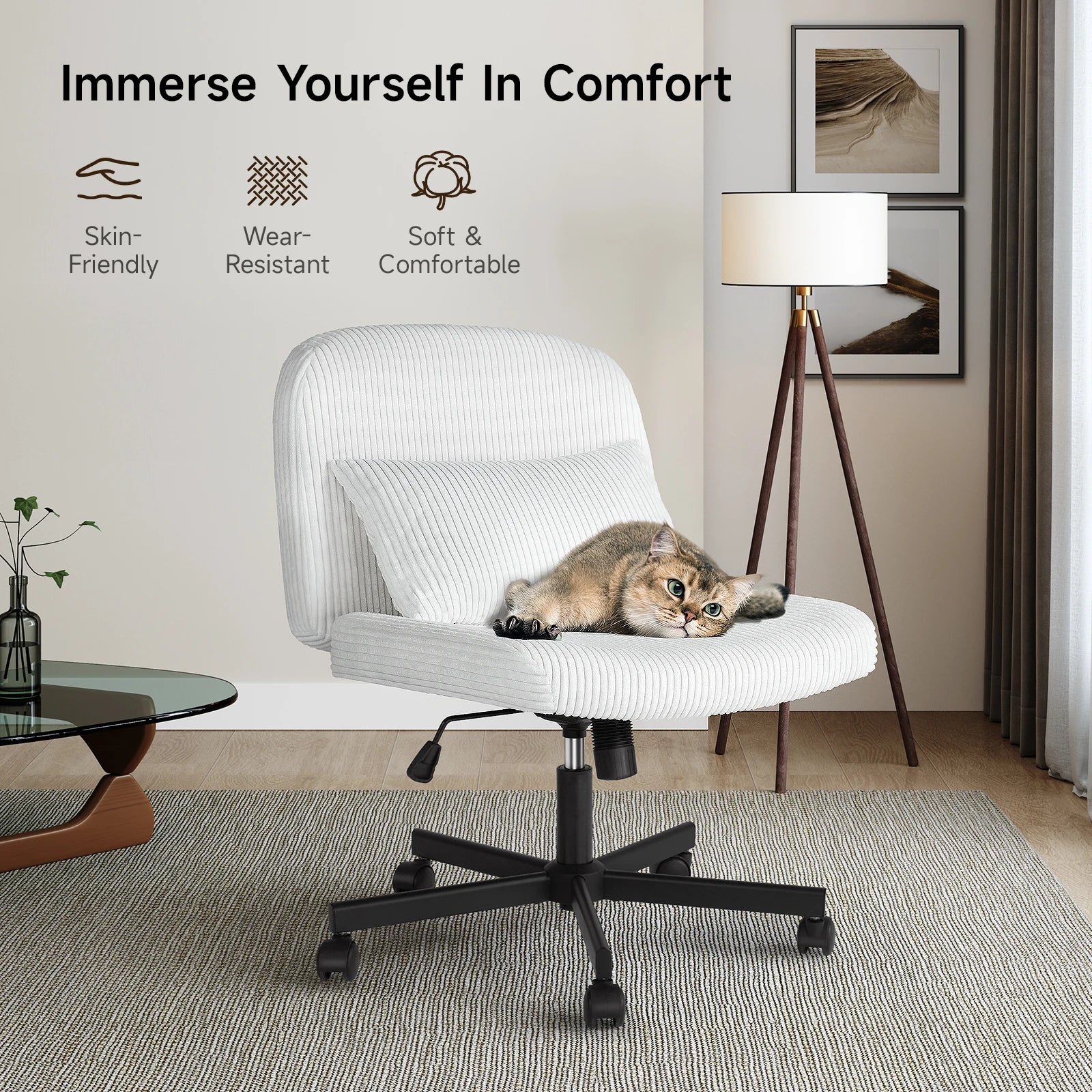 Massage Cross Leg Office Chair w/ Double Layer Sponge Cushion,Corduroy/Pearl Velvet Wide Armrest Desk Chair Mid Back