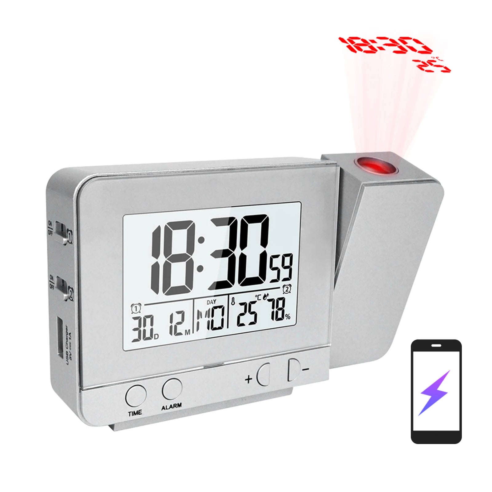Projection Alarm Clock for Bedroom with Thermometer Hygrometer Digital Ceiling Clock Dimmable LED Display with USB