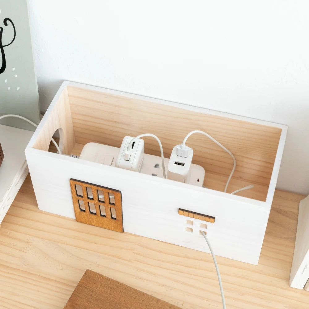 Wooden Desktop Cord Storage Box Desktop Organization Storage Socket Guard Plug Data Cable Charger Storage Home Room