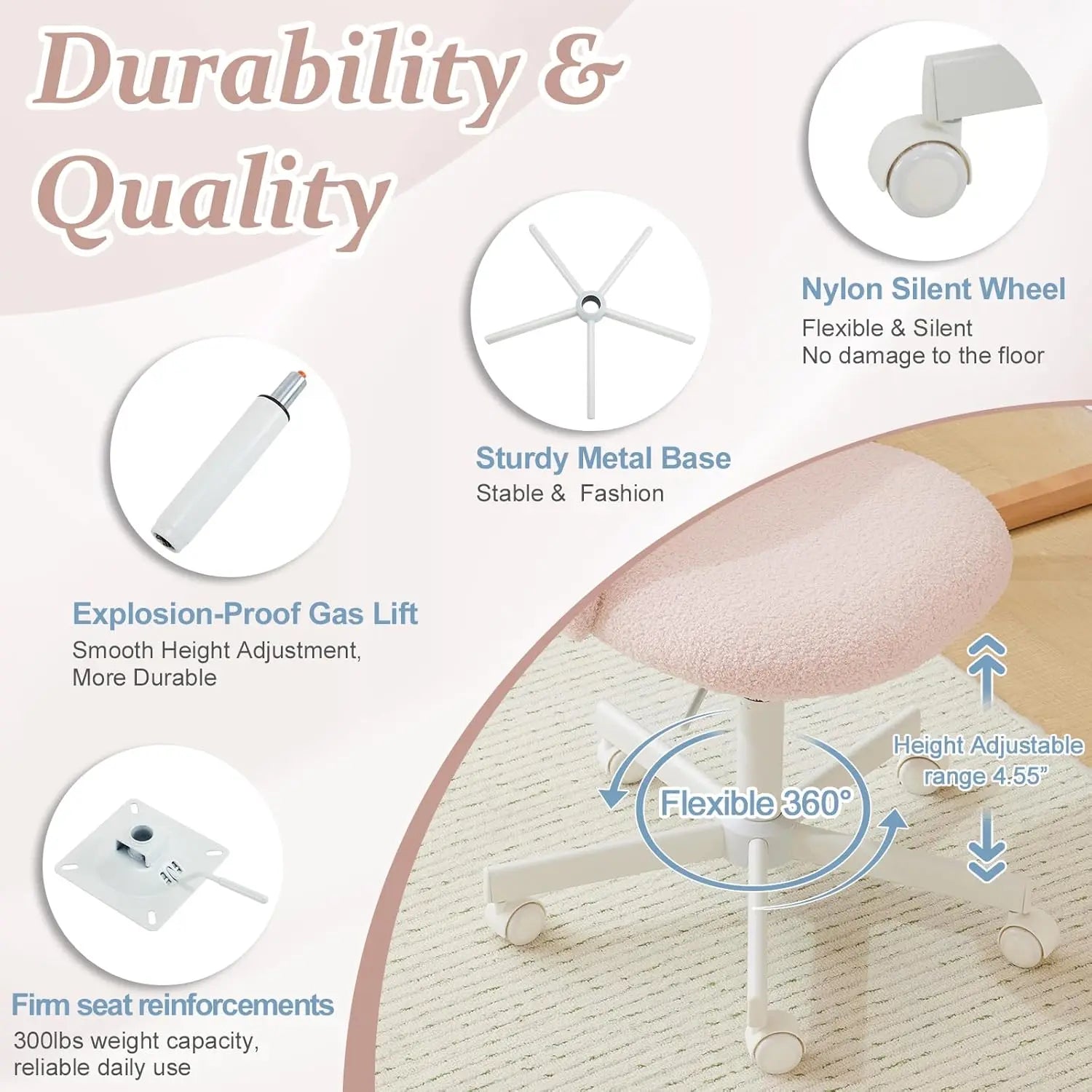 Cute Armless Desk Chair Comfortable Rolling Task Chair with Lumbar Support & Wheels - Adjustable Swivel in Gentle Pink