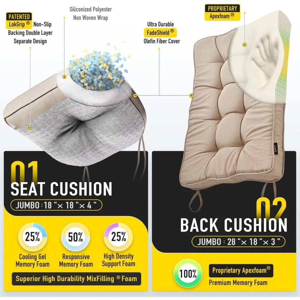 Memory Foam Jumbo Rocking Chair Cushions FadeShield Water Resistant Non Slip Durable Tufted Pads Set of Seat & Back