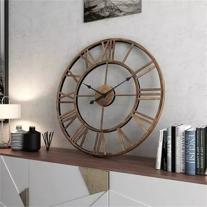Modern 3D Large Wall Clocks Roman Numerals Retro Round Metal Iron Accurate Silent Nordic Hanging Ornament Living Room