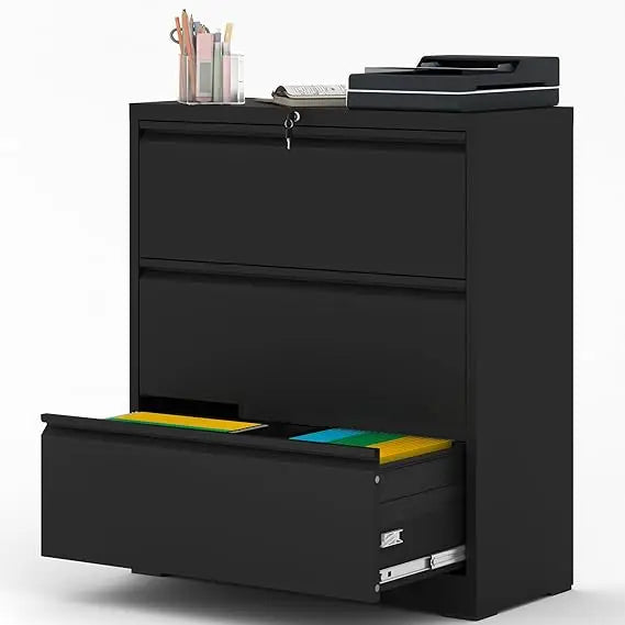 File Cabinet with Lock 3 Drawer Lateral Filing Cabinet for Home Office Black Metal Heavy Duty File Cabinets for Hanging