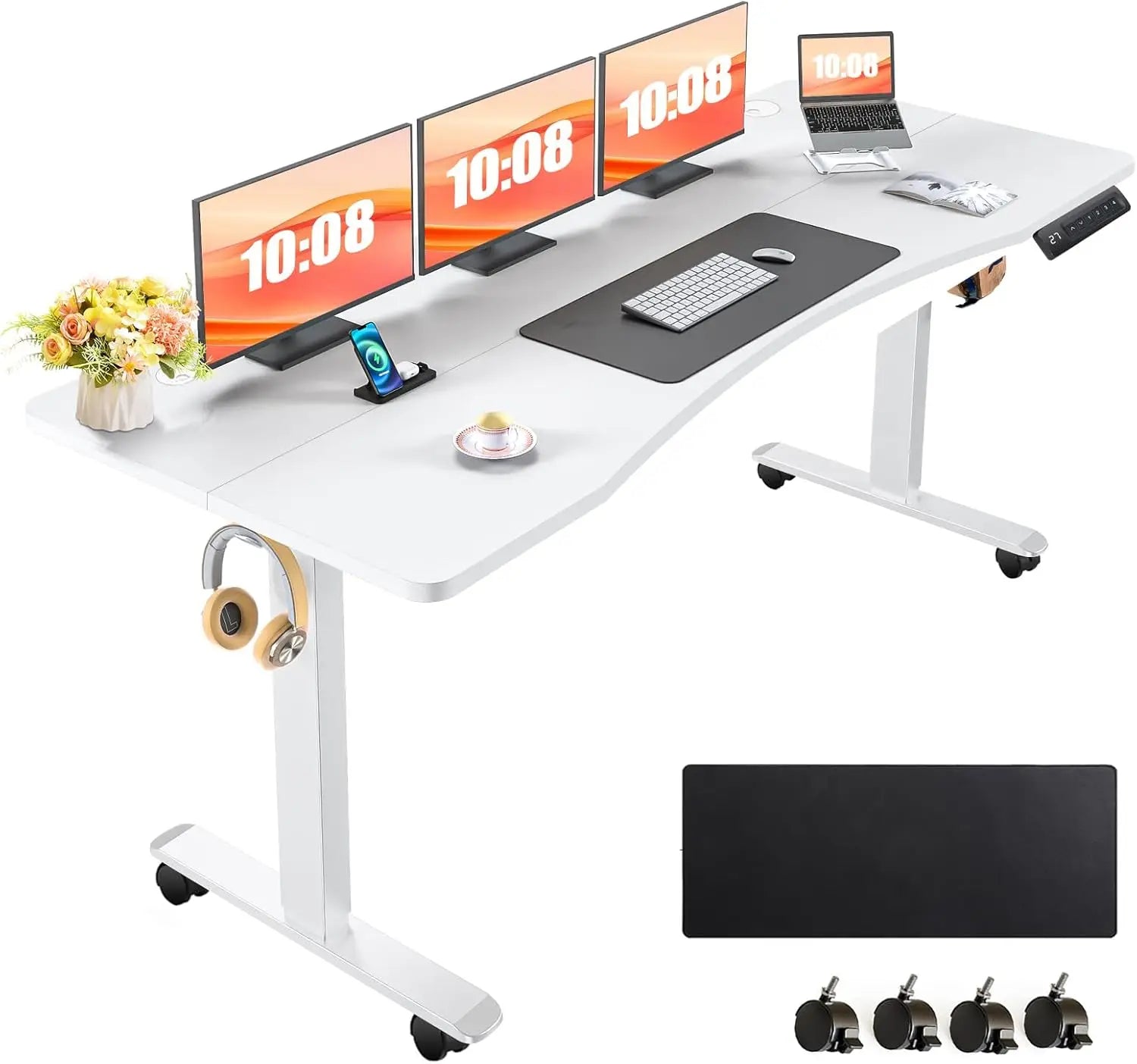 Electric Standing Desk Adjustable Height 63x24 Inches Computer Desk with Ergonomically Curved Desktop Mouse Pad