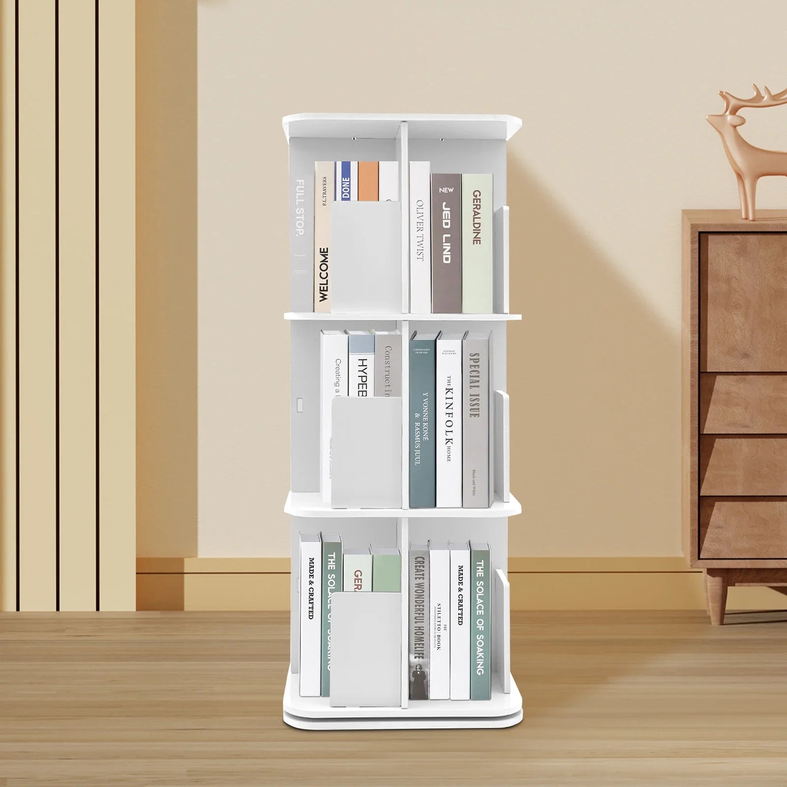 3-Tier Rotatable Desktop Bookshelf Space-Saving Modern Design Stainless Steel Chassis Large Storage Capacity for Home