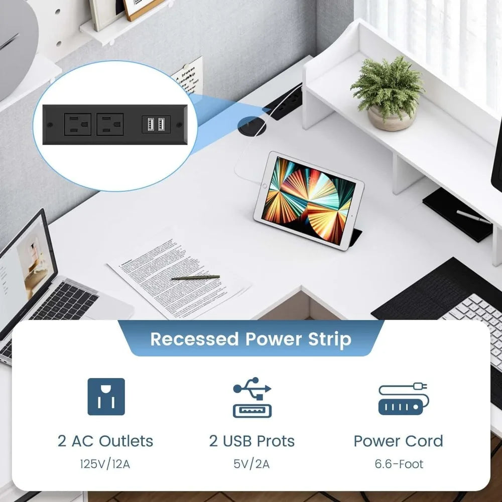 White L Shaped Desk with 3 Drawers 60 inch Corner Desk with Moveable Hutch and Power Outlet Large Home Office Corner