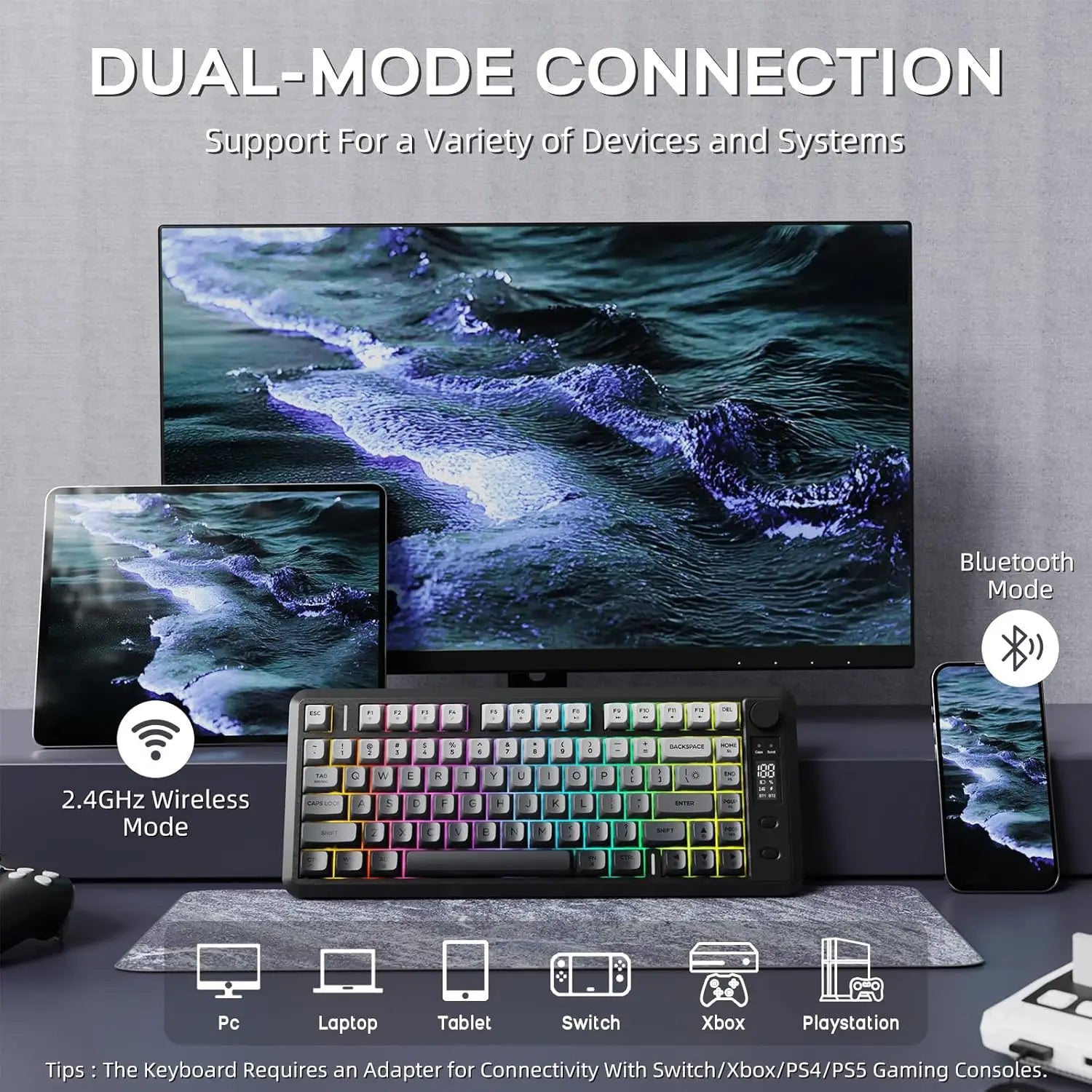 ATTACK SHARK M75 Wireless Membrane Gaming Keyboard with Knob&OLED Display Bluetooth/2.4Ghz Rainbow Backlit Gradient PBT