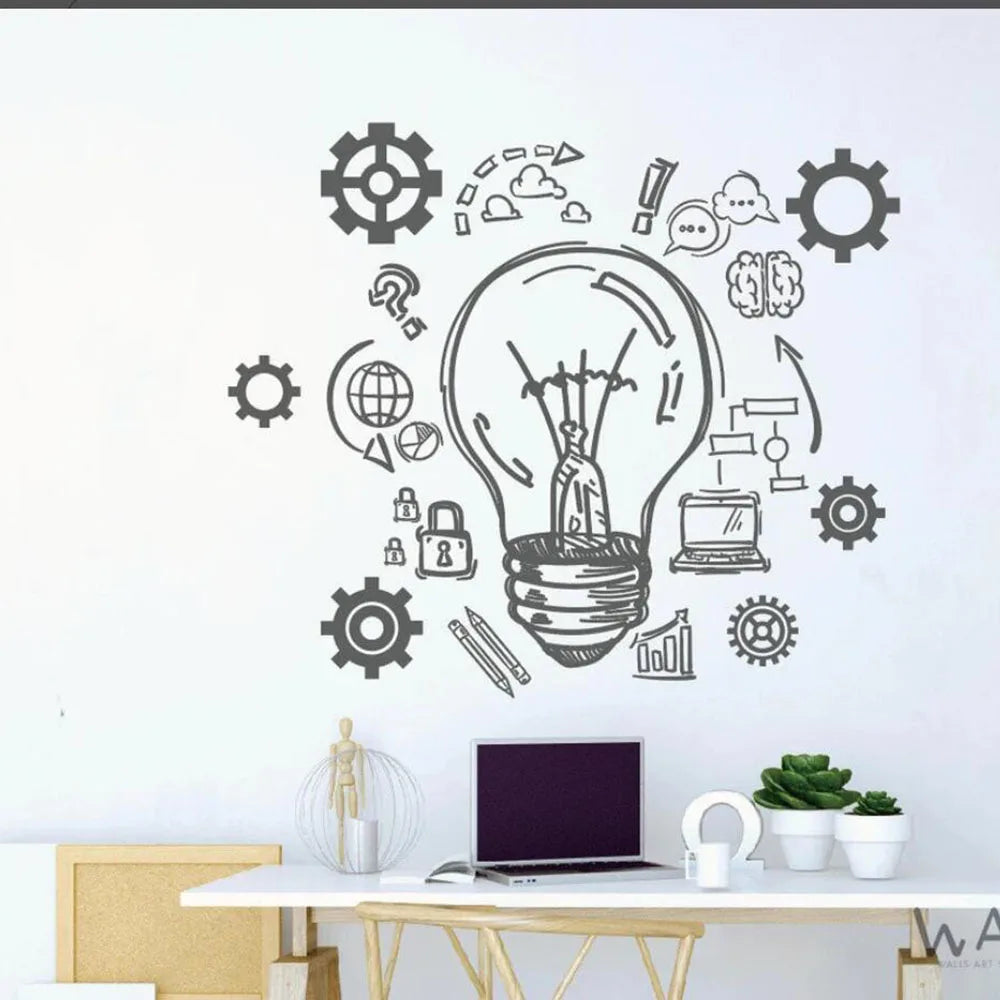 Large Lightbulb Inspire Words Business Office Wall Sticker Gear Success Teamwork Corperation Motivational Quote Wall