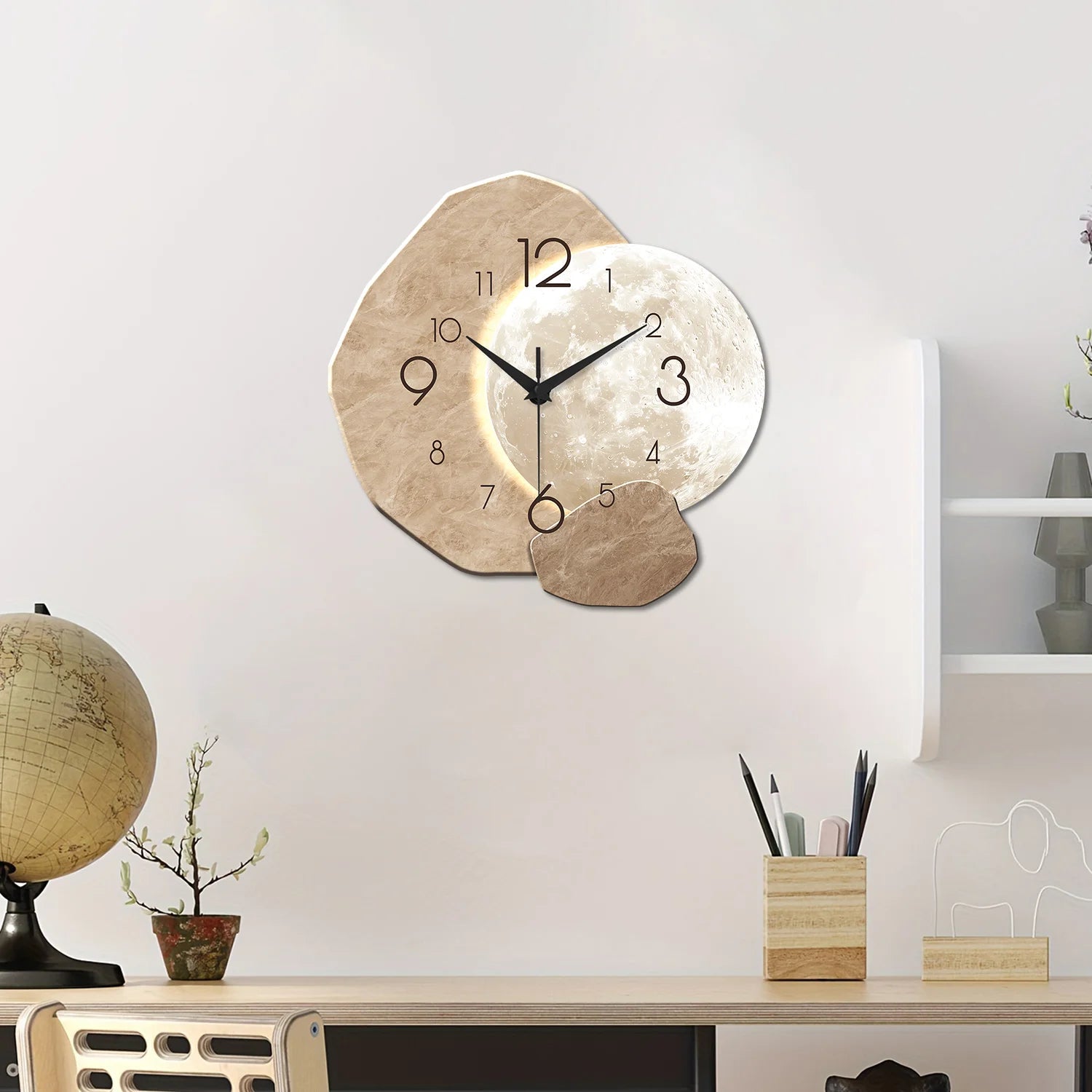 Modern Simple Silent Wall Clock Moon Design - Quartz Movement Wooden Material for Bedroom Living Room or Office