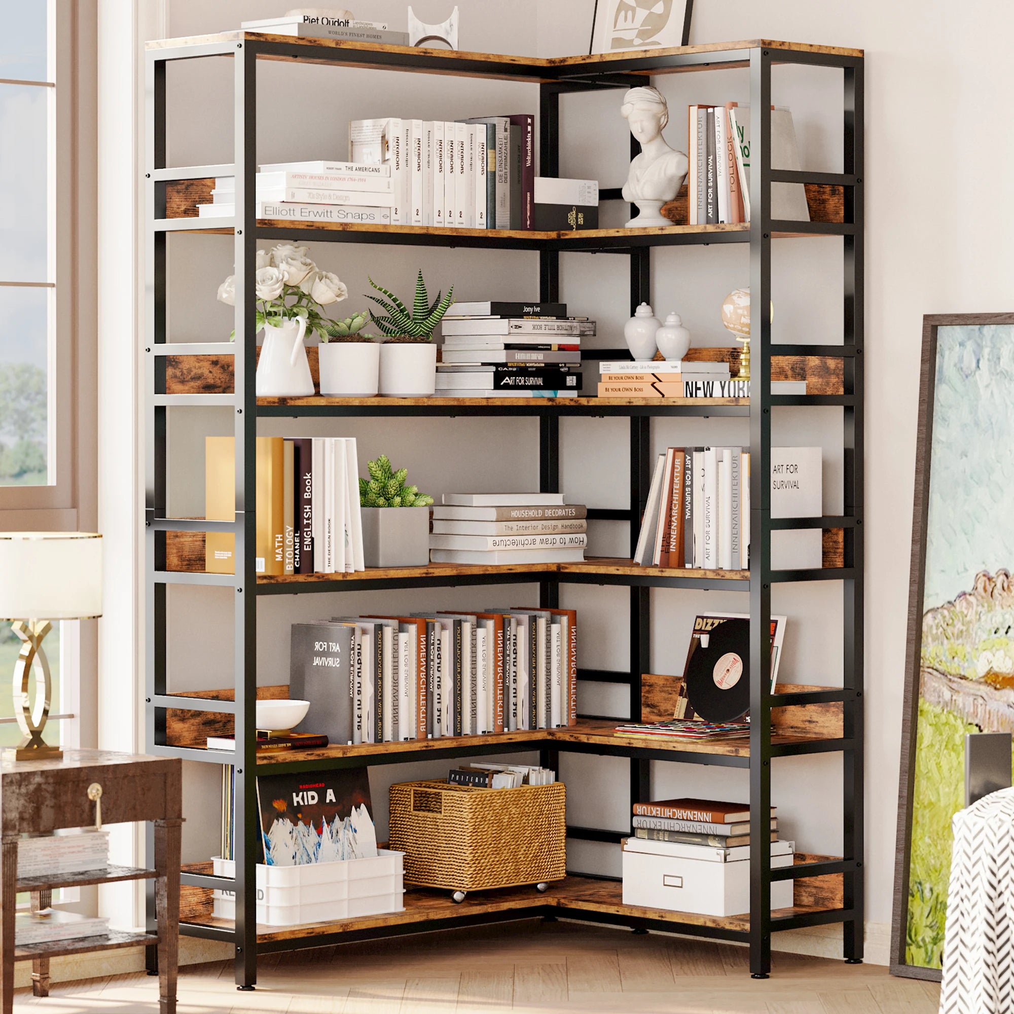 IRONCK Industrial Bookshelves 6 Tiers Corner Bookcases with Baffles Etagere Shelf Storage Rack with Metal Frame