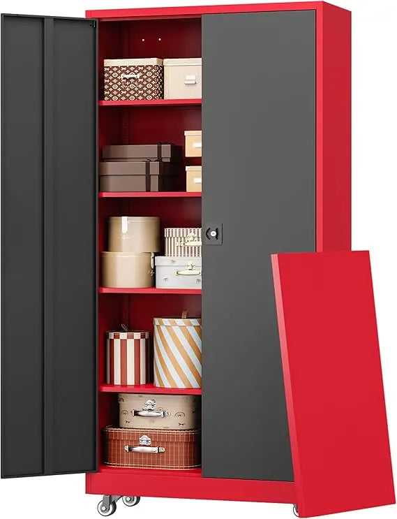 Metal Garage Storage Cabinet with Wheels 73’’ H Locking Tool Cabinet with 2 Doors and 4 Adjustable Shelves Tall Cabinet
