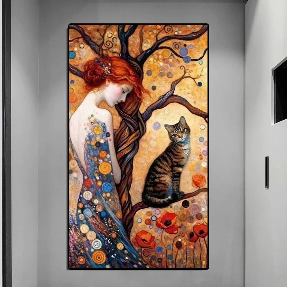 Abstract Woman And Cat Canvas Painting Wall Art Gustav Klimt Art Elegant Girl Poster Prints For Office Living Room Home