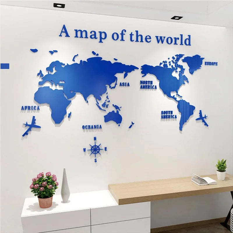 Nordic World Map Acrylic 3D Wall Decal Office Study Living Room Sofa Background Wall Decoration - blue / L 180cmX100cm