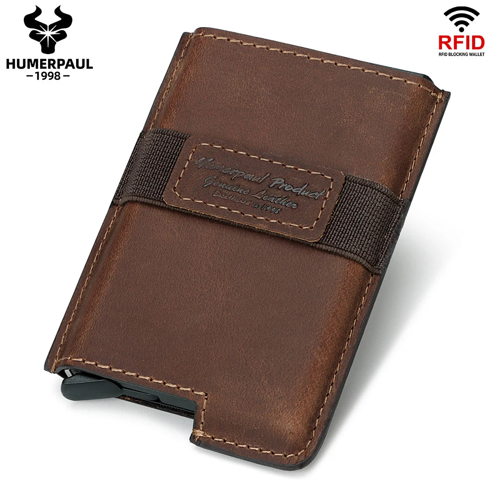 HUMERPAUL Slim Men’s Credit Card Holder Wallet Genuine Leather Pop Up Aluminum Card Box RFID Blocking Smart Walets