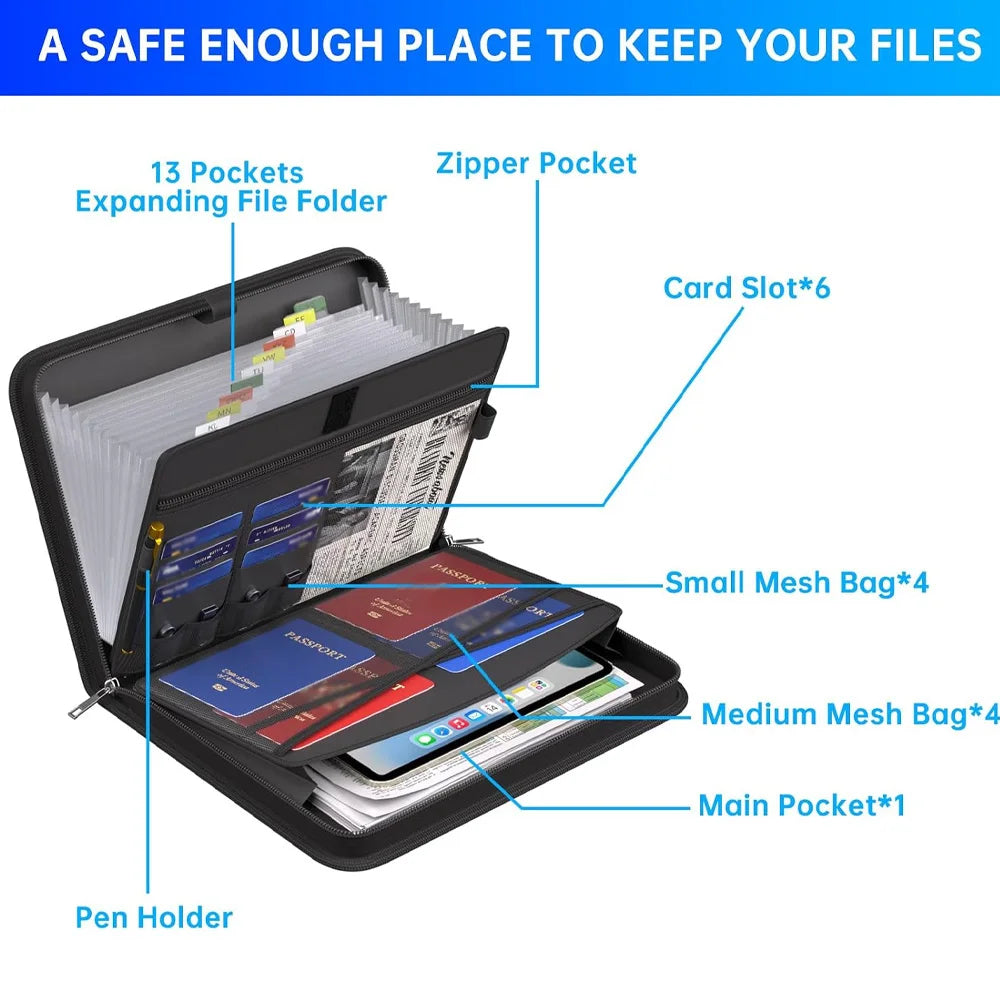 Black Organ File Folder Hand Drawer Multi Compartment Organizer bag Fireproof Waterproof File Organizer for Home School