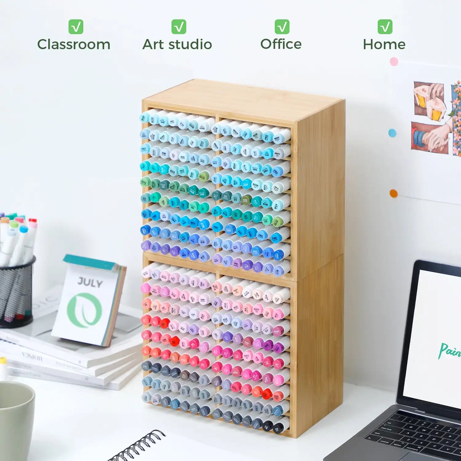 Ohuhu Bamboo Marker Organizer Wooden Desktop Storage Hold 126 Markers Pens Pencils Art Brushes Stationary Organizer Pen