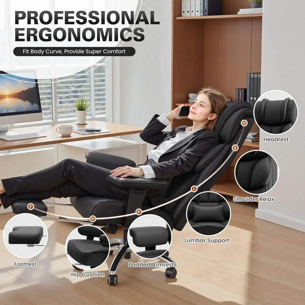 Office Desk Chair Big and Tall Leather Gaming Chair with Footrest Wide Ergonomic Comfy Executive High-Back Reclining