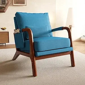 Mid Century Modern Accent Chair with Pillow & Pocket Upholstered Armchair with Solid Wood Frame & Soft Cushion