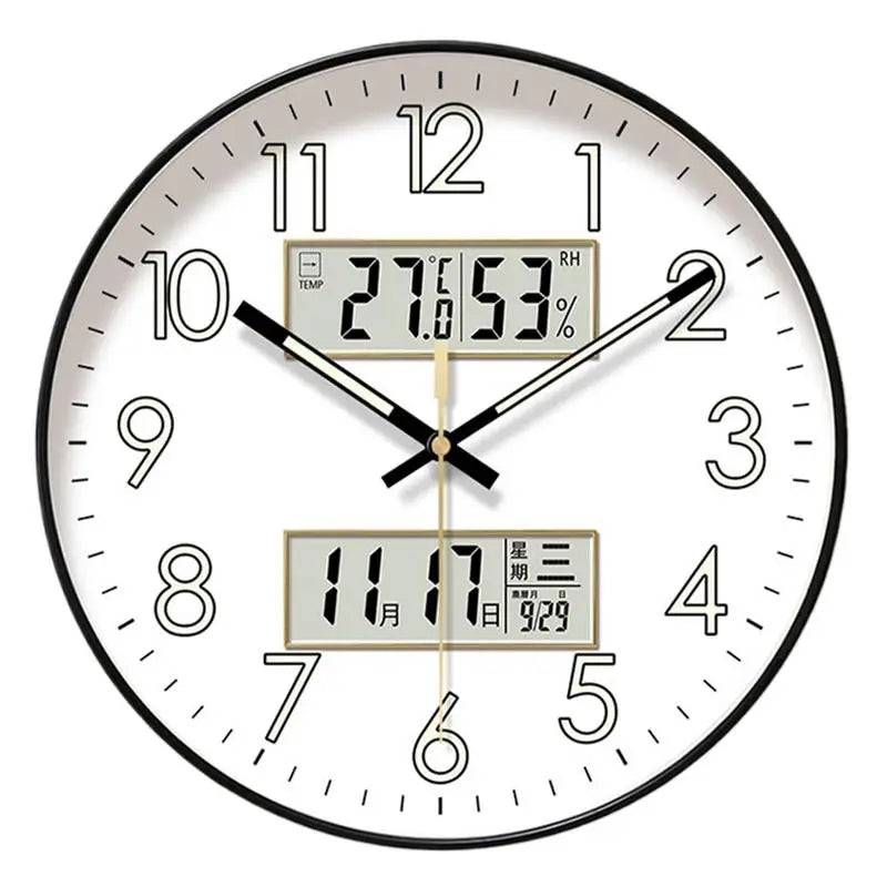 Non Ticking Wall Clock Round Wall Clock Glow In Dark Home Decor Featuring Calendar 10/12/14 Inch Large Digital Display