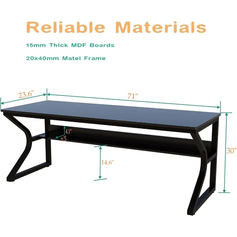71-inch Dual Long Desk with Built-in Bookshelf for Two-Person Home Office Workstation Contemporary Computer Desk