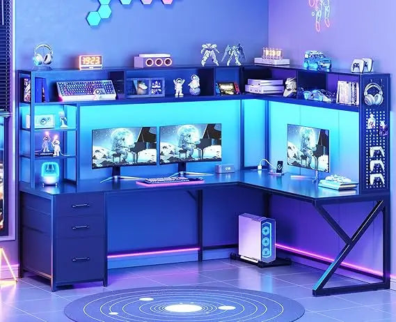 L-Shaped Gaming Desk with Storage Shelves Convertible 94.5 Computer Desk Corner Desk with Drawers and Hutch
